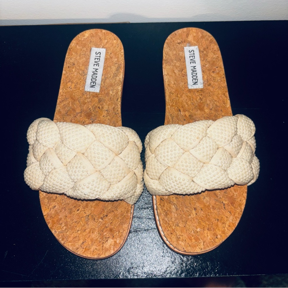 Steve Madden Cream Braided Cork Slide Sandals